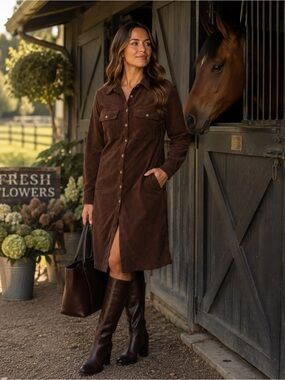Women’s Brown Corduroy Shirt Dress Small Button Front Long Sleeve Midi Casual